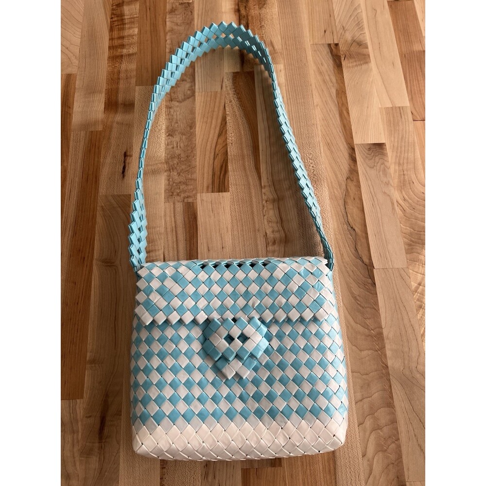Handmade Recycled Plastic Woven Purse Shoulder Bag Light Blue White Medium Size